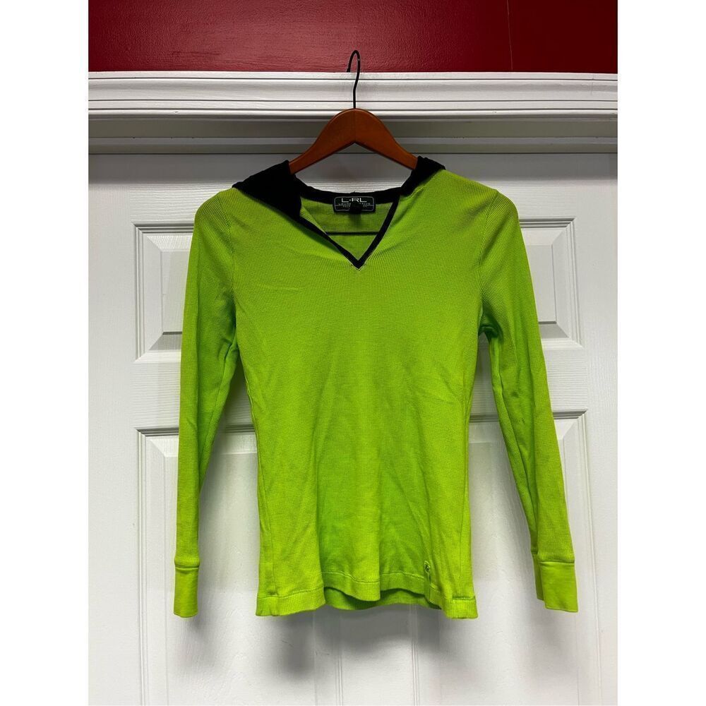 Lauren Ralph Lauren Green & Navy Waffle Knit Hooded Top sz MP EUC